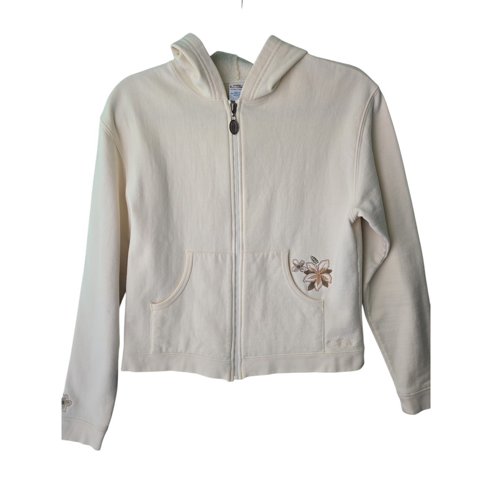 Crazy Shirts Cream Floral Embroidered Zip Up Hoodie Sweatshirt Women's Small‎